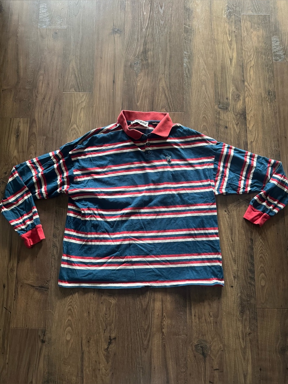 Playboy Rugby Polo Long Sleeve Shirt Striped Blue & Red